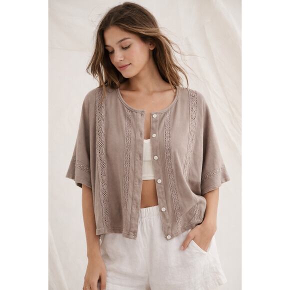 aerie Sweaters - Aerie Airy Crochet Lace Trim Button Front Cardigan Top – Taupe | M